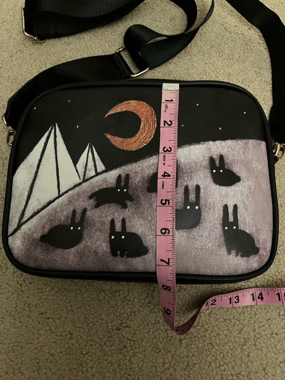 Goth Demon moon bunny crossbody bag, unique artsy design, macabre sketched art - Picture 6 of 15